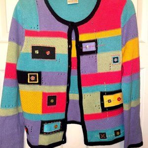 VTG Koret Petites Patchwork Cardigan Sweater Womens Size Small Fun Colors
